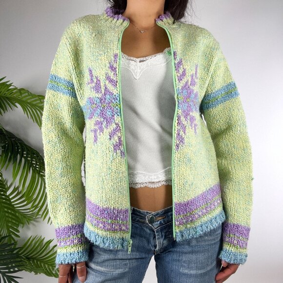 Vintage 90s Womens Green Cottagecore Grandma Sweater Zip Up Cardigan / 2 - Picture 3 of 8